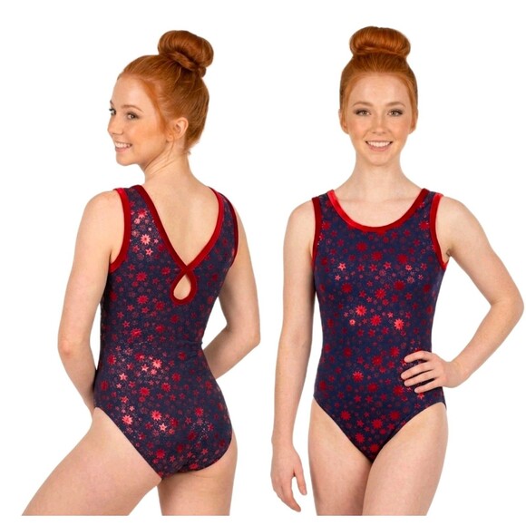 GK Tops - GK Elite VTG Foiled Star Spangled Navy Red Keyhole Tank Leotard Vneck Size AL